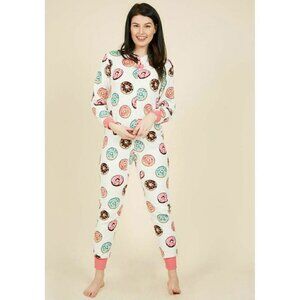 PJ Couture Womens L One Piece Zip Up Fleece Plush Pajamas Donuts Novelty Print